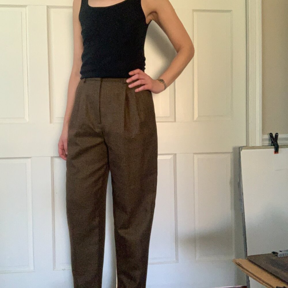 Vintage Liz Claiborne womens brown plaid pleated wool work lined pants sz 12